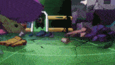 a cartoon drawing of a destroyed building with a purple door