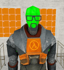 a man wearing a green mask and glasses has a half life logo on his chest