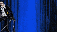 two anime characters are standing next to each other on a blue background . one of the characters is wearing a gold armor .