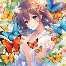 a girl in a white dress is surrounded by butterflies and flowers