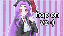 a picture of a girl with the words hop on vc written below her