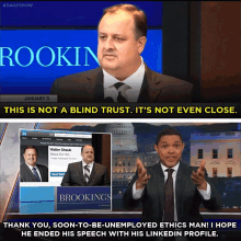 a man in a suit and tie stands in front of a screen that says ' this is not a blind trust '
