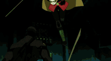 a cartoon of robin fighting a glowing shadow