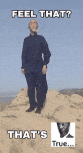 a man with a beard is standing on top of a hill with the words feel that that 's true below him