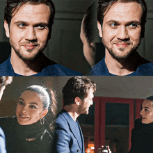 a man and a woman are looking at each other