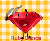 a cartoon illustration of a red diamond with a knife and the words ruby dance below it