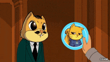 a cartoon cat in a suit and tie is being held by someone