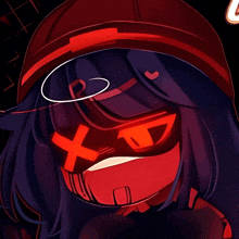 a drawing of a girl with red eyes and a red x on her face