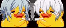 two yellow ducks with white hair are smoking cigarettes together .
