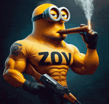 a minion wearing a shirt with the word zoy on it