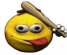a yellow smiley face is sticking its tongue out and holding a baseball bat over its head .