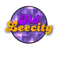 a purple disco ball with the words old leecity in yellow letters