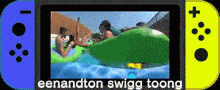 a blue and yellow nintendo switch displays a video of people in a pool
