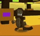 a cartoon monkey is standing in a room with a purple box in the background .