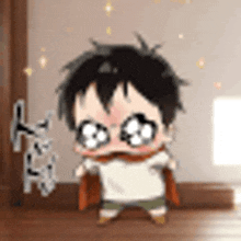 a cartoon of a baby wearing glasses and a cape standing next to a door .
