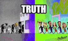 the word truth is on a blue and green background with people