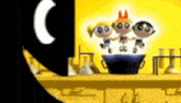 a group of cartoon characters are standing on top of a bowl .