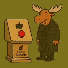 a moose is pressing a red button on a data haven kiosk