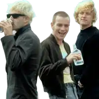 three men are standing next to each other and one of them is holding a bottle of alcohol