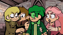 three cartoon characters are standing next to each other
