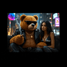 a teddy bear smoking a cigarette next to a woman wearing a black tank top that says 88 bear