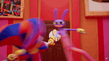 a colorful cartoon character is standing in front of a door with a smiley face on it