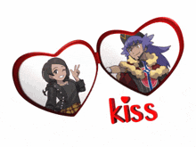 a man and a woman are in a heart with the word kiss below them