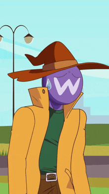 a cartoon character wearing a hat with a w on it