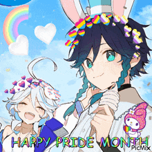 a picture of a boy and a girl with the words happy pride month on the bottom