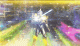a man in a superhero costume is holding a sword in a galaxy .