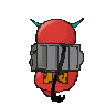 a pixel art of a red monster with horns and a helmet on .