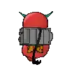 a pixel art of a red monster with horns and a helmet on .