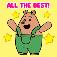 a cartoon bear in green overalls is surrounded by stars and the words all the best .