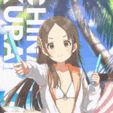 a girl in a bikini is holding a pair of water guns in front of a palm tree