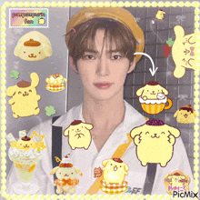 a boy is surrounded by pompompurin stickers and a stamp that says pompompurin tea