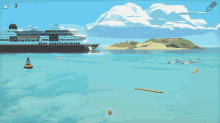 a painting of a cruise ship in the ocean with the number 3 on the bottom right