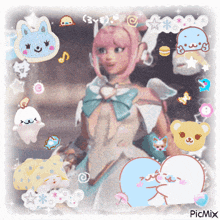a picture of a girl with pink hair is surrounded by stickers including one that says ' picmix ' on it