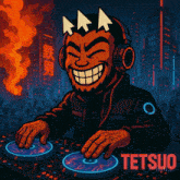 a cartoon drawing of a man playing music with the name tetsuo on the bottom