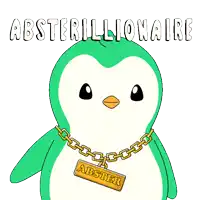 a green penguin with a gold chain around its neck has abster on it