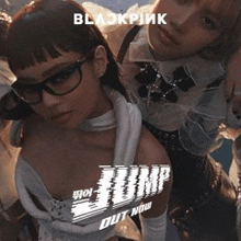 a couple of women standing next to each other with the words jump out now on the bottom