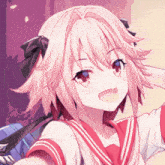 a girl with pink hair and red eyes is wearing a sailor suit