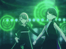 two anime girls are standing next to each other in a dark room