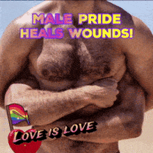 a picture of a shirtless man with the words " male pride heals wounds "