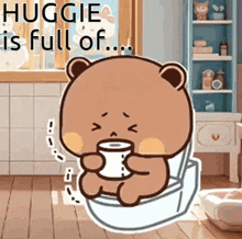a cartoon bear is sitting on a toilet with a roll of toilet paper .