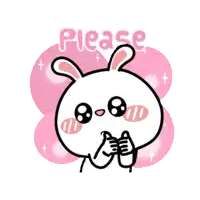 a cartoon bunny says please with pink bubbles behind it
