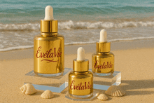 three bottles of evelavie are sitting on a sandy beach