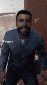 a man with a beard is standing in front of a sign that says ' viggle.ai ' on it
