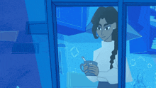 a cartoon drawing of a person looking out a window