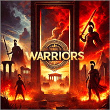 a poster for the video game warriors shows warriors standing in front of a burning building