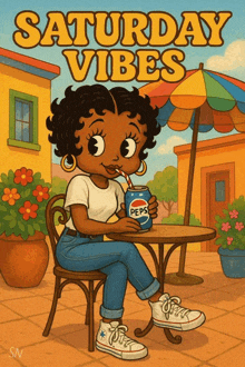 betty boop is sitting at a table drinking a can of pepsi